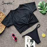 Simplee Sexy leopard sports swimmer women Casual t-shirt bikini set high cut thong Two piece beach wear suits push up playsuit