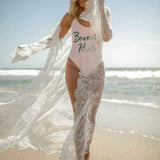 Hot Women Cover Up Lace Kimono Boho Casual Solid Long 	Bell Sleeve Sheer Loose Collarless Summer Ladies Cardigan Beach Bikini