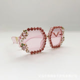 Brand Design Handmade Rhinestone Square Sunglasses Fashion Glasses Women Flower with Pearl Round Vintage Sunglasses Beach Party