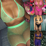 Sexy Women Rhinestone Mesh Transparent Bikini Set Halter Top Bras+Fishnet High Waist Shorts Babydoll Underwear