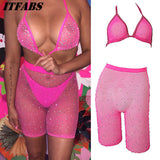 Sexy Women Rhinestone Mesh Transparent Bikini Set Halter Top Bras+Fishnet High Waist Shorts Babydoll Underwear