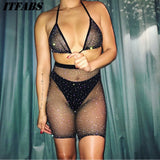 Sexy Women Rhinestone Mesh Transparent Bikini Set Halter Top Bras+Fishnet High Waist Shorts Babydoll Underwear
