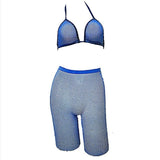 Sexy Women Rhinestone Mesh Transparent Bikini Set Halter Top Bras+Fishnet High Waist Shorts Babydoll Underwear