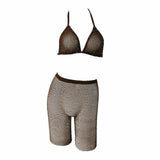 Sexy Women Rhinestone Mesh Transparent Bikini Set Halter Top Bras+Fishnet High Waist Shorts Babydoll Underwear