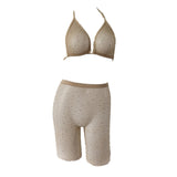Sexy Women Rhinestone Mesh Transparent Bikini Set Halter Top Bras+Fishnet High Waist Shorts Babydoll Underwear