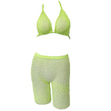 Sexy Women Rhinestone Mesh Transparent Bikini Set Halter Top Bras+Fishnet High Waist Shorts Babydoll Underwear