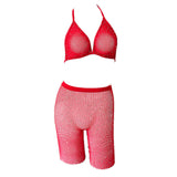 Sexy Women Rhinestone Mesh Transparent Bikini Set Halter Top Bras+Fishnet High Waist Shorts Babydoll Underwear