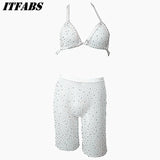 Sexy Women Rhinestone Mesh Transparent Bikini Set Halter Top Bras+Fishnet High Waist Shorts Babydoll Underwear