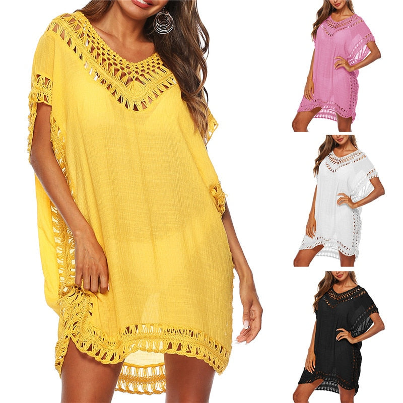 SFIT Summer Bikini Cover Up Casual Kimono Sleeve Beach Top V-neck Floral Lace Hollow Beachwear Beach tunic