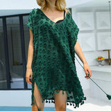 SFIT Summer Bikini Cover Up Casual Kimono Sleeve Beach Top V-neck Floral Lace Hollow Beachwear Beach tunic