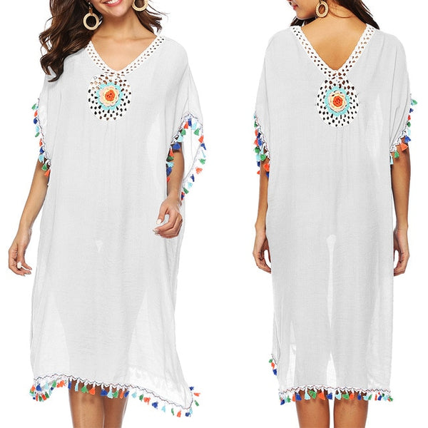 SFIT Summer Bikini Cover Up Casual Kimono Sleeve Beach Top V-neck Floral Lace Hollow Beachwear Beach tunic