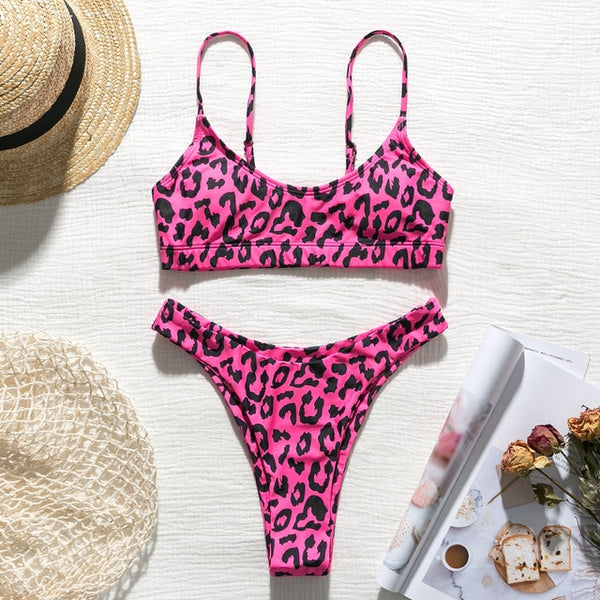 Strappy leopard print swimsuit 2019 Bandeau bikini top high cut thong women swimwear Push up sexy bandeau bathing suit bqiuini