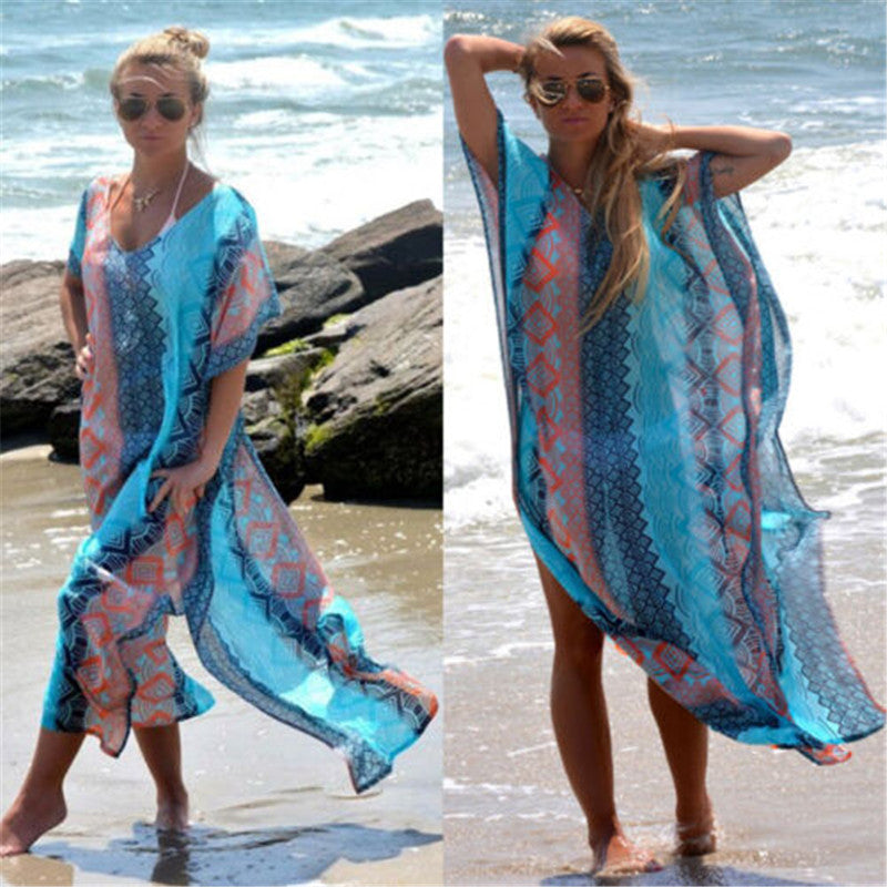 Fashion Casual Loose Print Women Boho Swimwear Kaftan Bikini Cover up Beach Dress Bathing Suit Swimsuit Summer Clothes