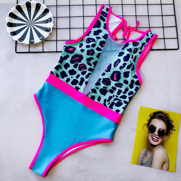 2019 Women Mesh One Piece Bikini Padded Bra Swimsuit Leopard Swimwear Beachwear Monokini Female Casual Bathing Suit