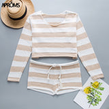 Aproms Summer Striped Cotton Knitted Beach Crop Top and Shorts Women 2 Pieces Set Casual High Waist Shorts Ladies Bikini Outfits