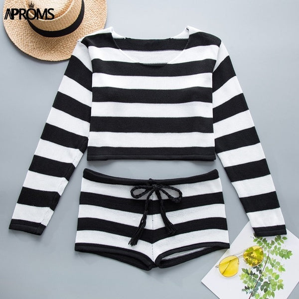Aproms Summer Striped Cotton Knitted Beach Crop Top and Shorts Women 2 Pieces Set Casual High Waist Shorts Ladies Bikini Outfits