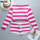 Aproms Summer Striped Cotton Knitted Beach Crop Top and Shorts Women 2 Pieces Set Casual High Waist Shorts Ladies Bikini Outfits