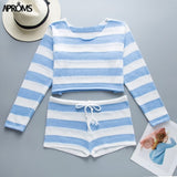 Aproms Summer Striped Cotton Knitted Beach Crop Top and Shorts Women 2 Pieces Set Casual High Waist Shorts Ladies Bikini Outfits