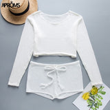 Aproms Summer Striped Cotton Knitted Beach Crop Top and Shorts Women 2 Pieces Set Casual High Waist Shorts Ladies Bikini Outfits