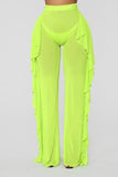 New Sexy Ruffle Women Beach Mesh Pants Sheer Wide Leg Pants Transparent See through Sea Holiday Cover Up Bikini Trouser Pantalon