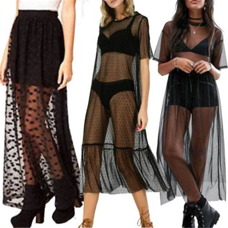 2019 Women Sexy Transparent Mesh Bikini Cover Up  Mesh Swimsuits Swimwear Summer Beach wear Lace Long Dress