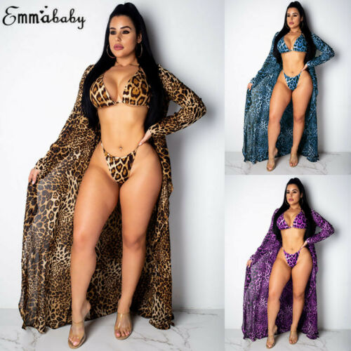 HIRIGIN 3PCS Summer Hot Women Leopard Print Bikini Beach Swimwear Cover Up Candigan Suit