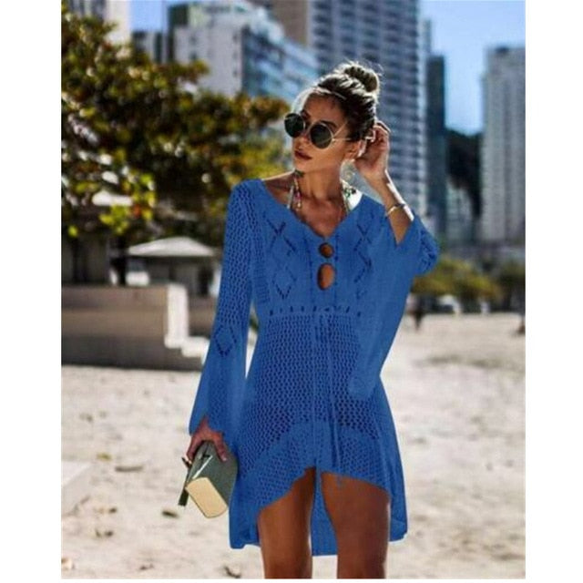 Sexy Women Summer Bikini Cover-Ups Beach Dress Sarong Kaftan Lace Crochet Casual Ladies Female Beach Wear Bathing Suit