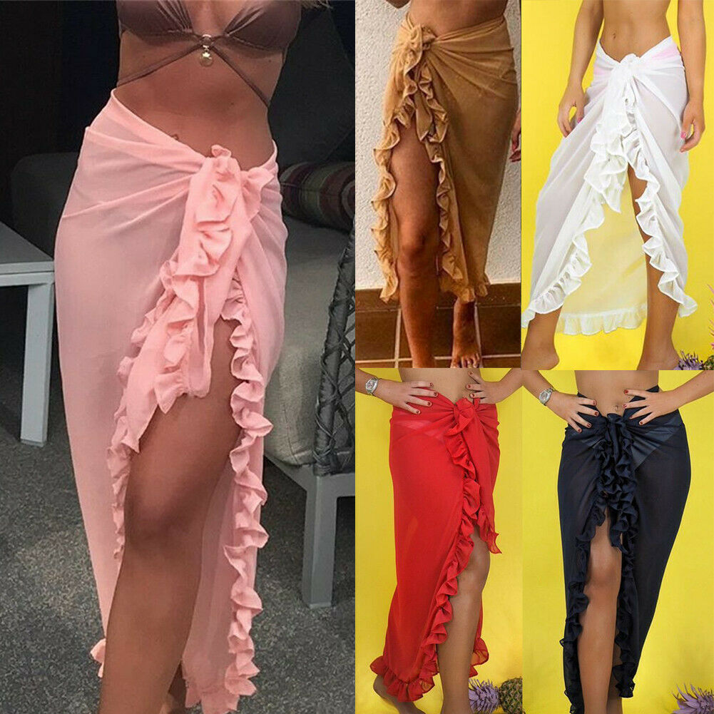 Women Chiffon See-Through Beach Bikini Cover Up Wrap Scarf Swimwear Pareo Sarong Dress Solid Ruffle Casual Beach Dress
