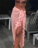 Women Chiffon See-Through Beach Bikini Cover Up Wrap Scarf Swimwear Pareo Sarong Dress Solid Ruffle Casual Beach Dress