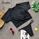 Simplee Sexy leopard sports swimmer women Casual t-shirt bikini set high cut thong Two piece beach wear suits push up playsuit