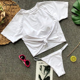 Simplee Sexy leopard sports swimmer women Casual t-shirt bikini set high cut thong Two piece beach wear suits push up playsuit