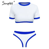 Simplee Sexy leopard sports swimmer women Casual t-shirt bikini set high cut thong Two piece beach wear suits push up playsuit