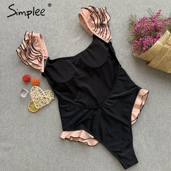 Simplee Sexy red push up one-pieces bikini Summer style ruffle sleeve beach wear playsuit Female casual banthing suit swimsuit