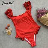 Simplee Sexy red push up one-pieces bikini Summer style ruffle sleeve beach wear playsuit Female casual banthing suit swimsuit