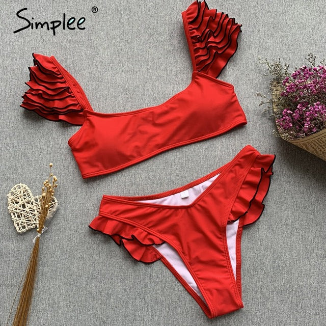 Simplee Sexy red push up one-pieces bikini Summer style ruffle sleeve beach wear playsuit Female casual banthing suit swimsuit