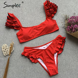 Simplee Sexy red push up one-pieces bikini Summer style ruffle sleeve beach wear playsuit Female casual banthing suit swimsuit